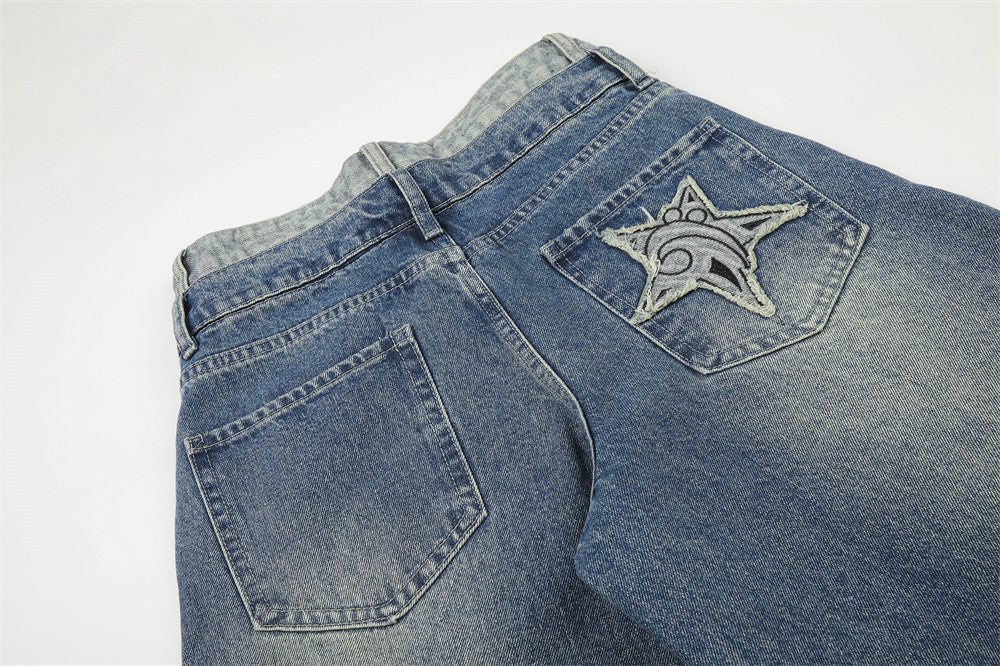 Distressed Barrel Denim Jeans with Stars
