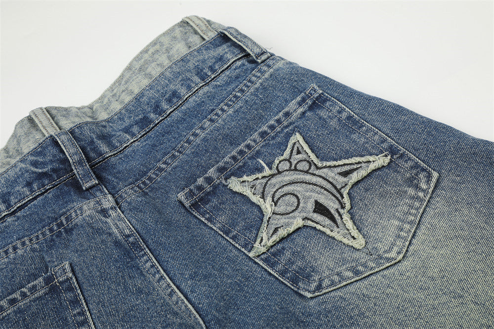 Distressed Barrel Denim Jeans with Stars