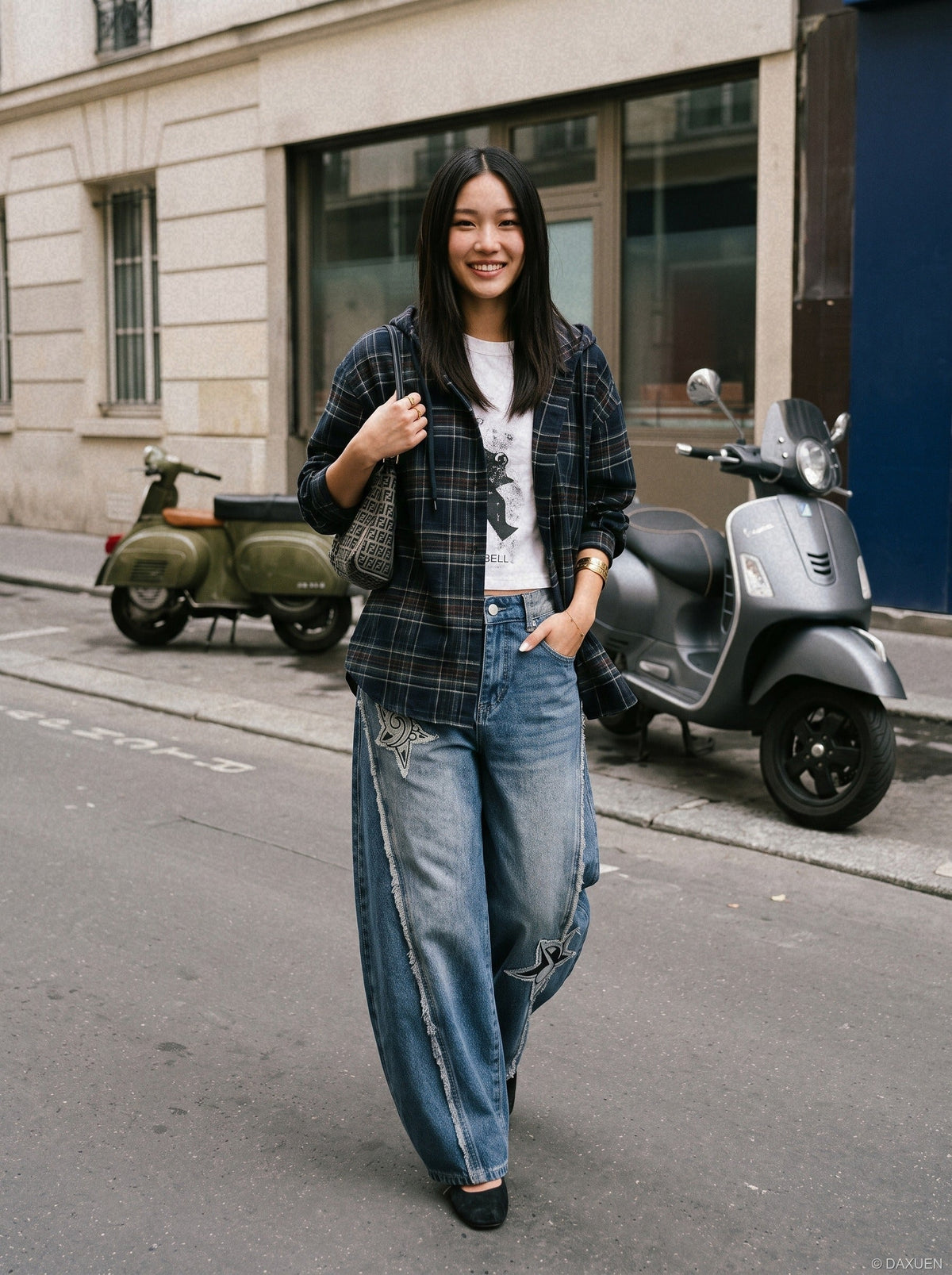 Distressed Barrel Denim Jeans with Stars
