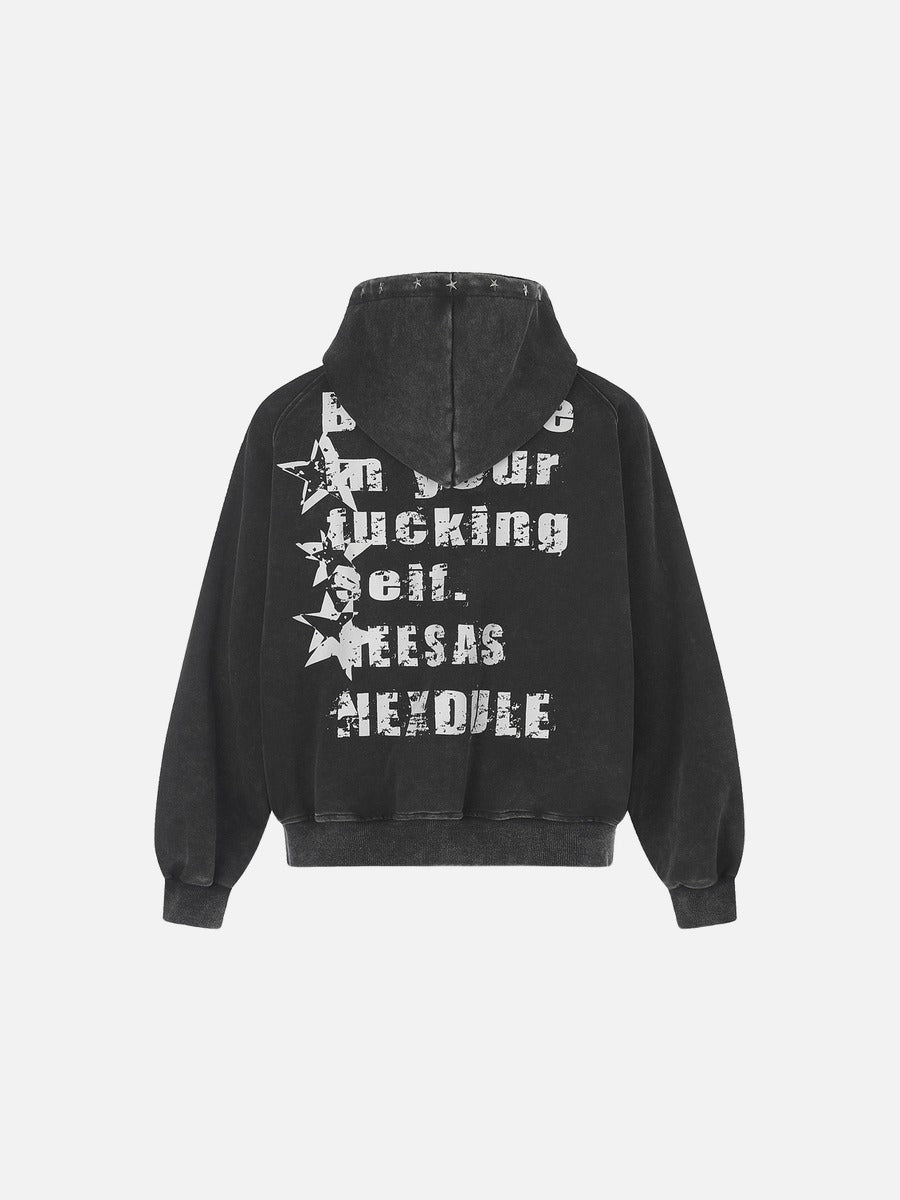 Distressed Black Hoodie with Star Graphics