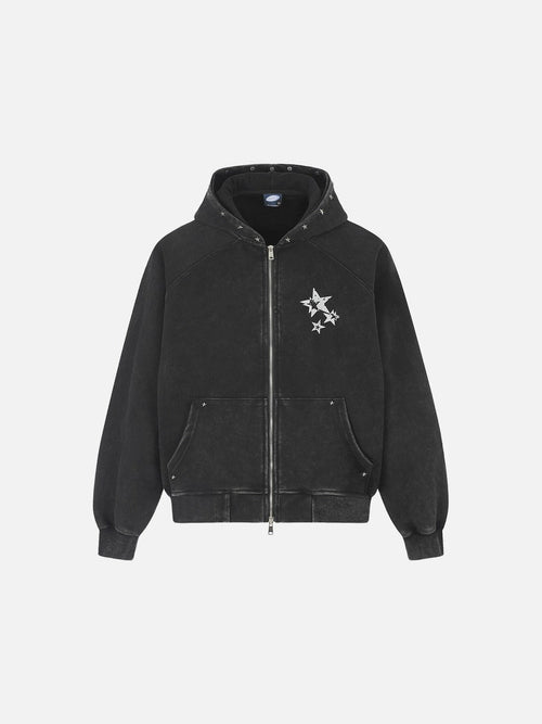 Sudadera negra desgastada con capucha y gráficos de estrellas - Negro / M