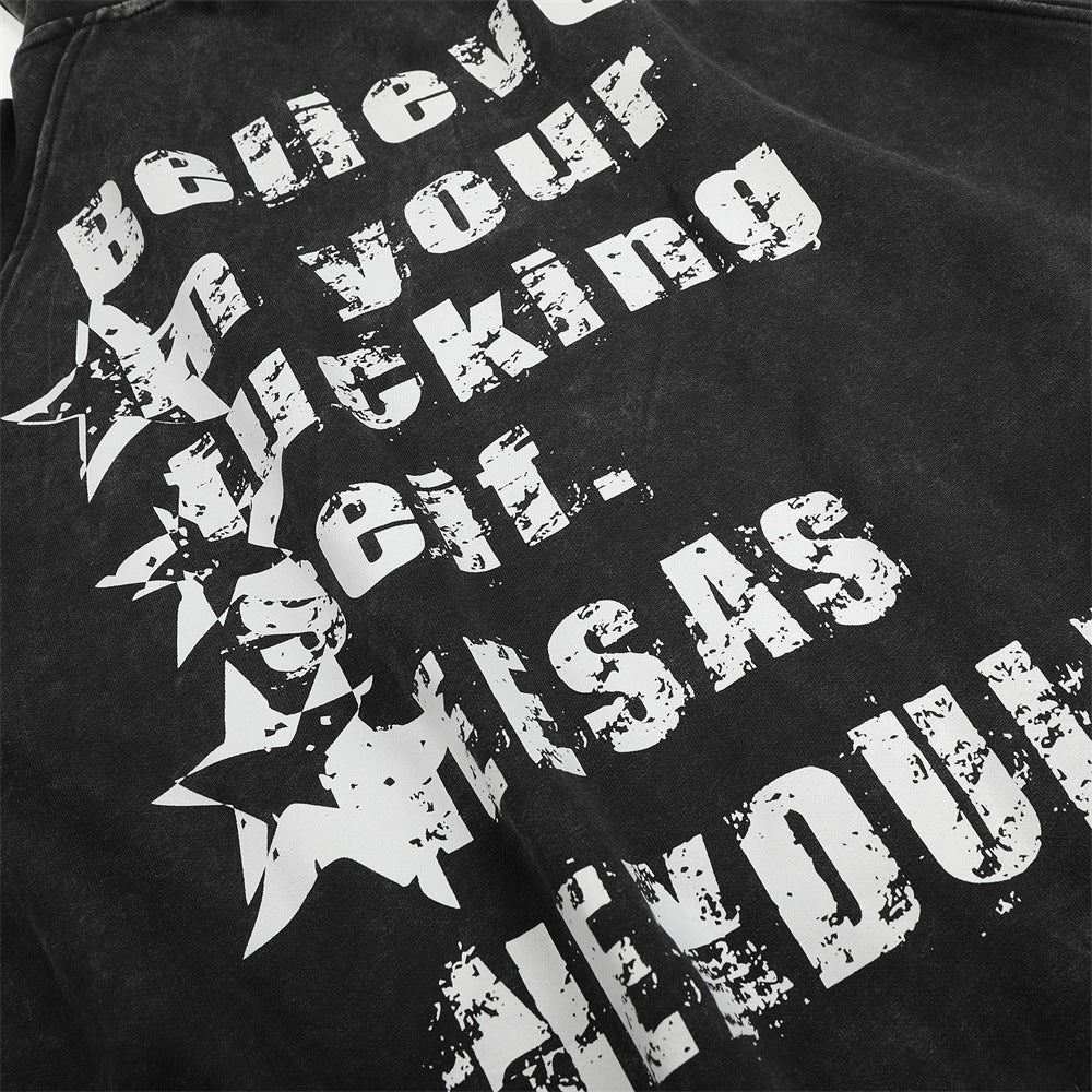 Distressed Black Hoodie with Star Graphics