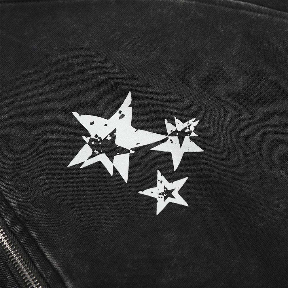 Distressed Black Hoodie with Star Graphics