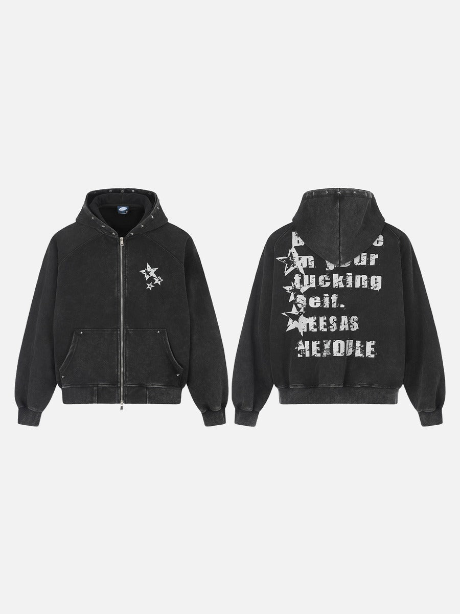 Distressed Black Hoodie with Star Graphics