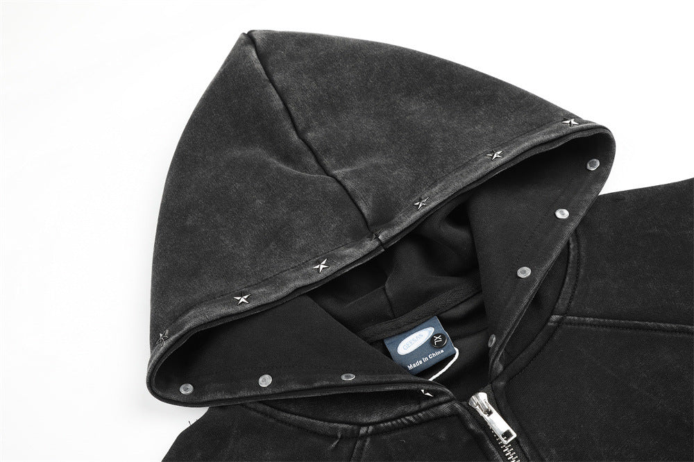 Distressed Black Hoodie with Star Graphics