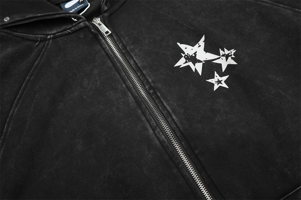 Distressed Black Hoodie with Star Graphics