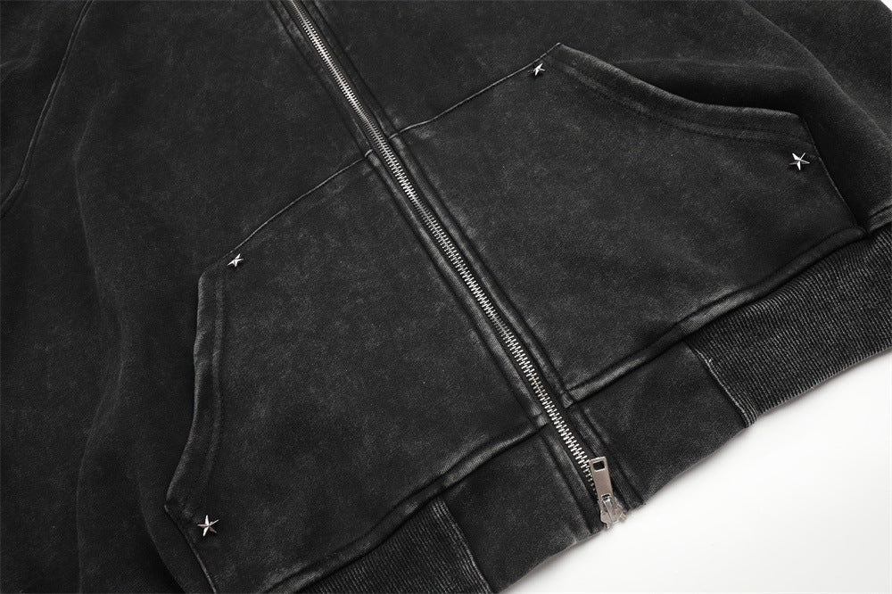 Distressed Black Hoodie with Star Graphics
