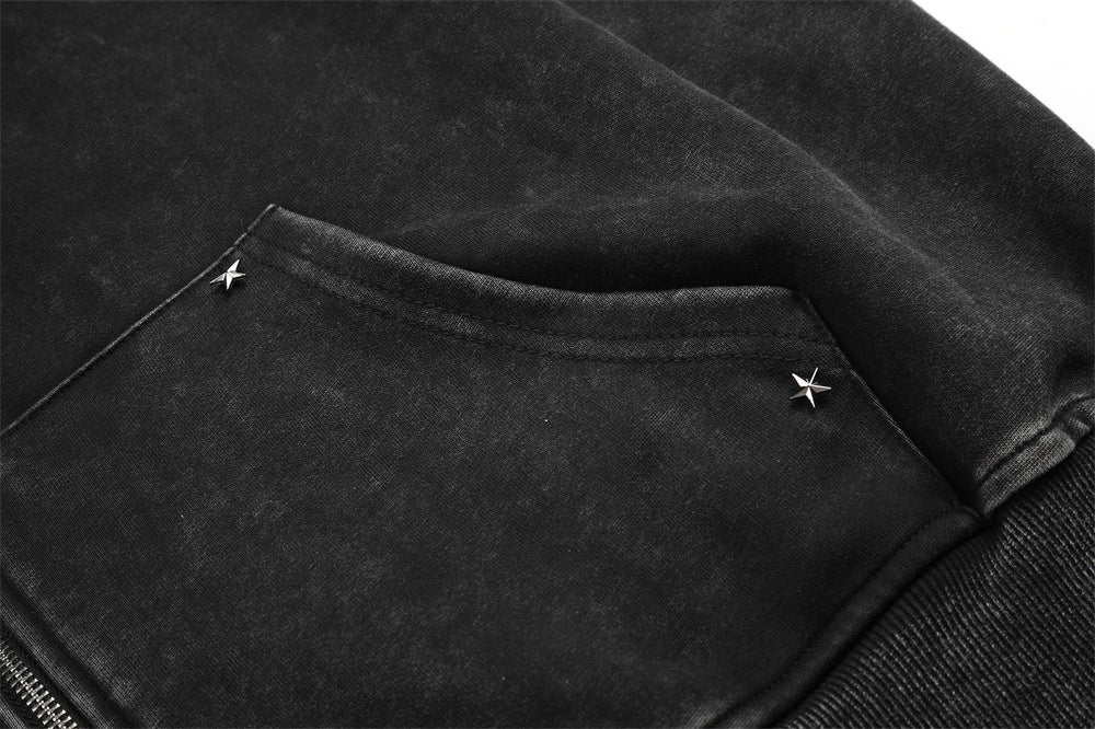 Distressed Black Hoodie with Star Graphics
