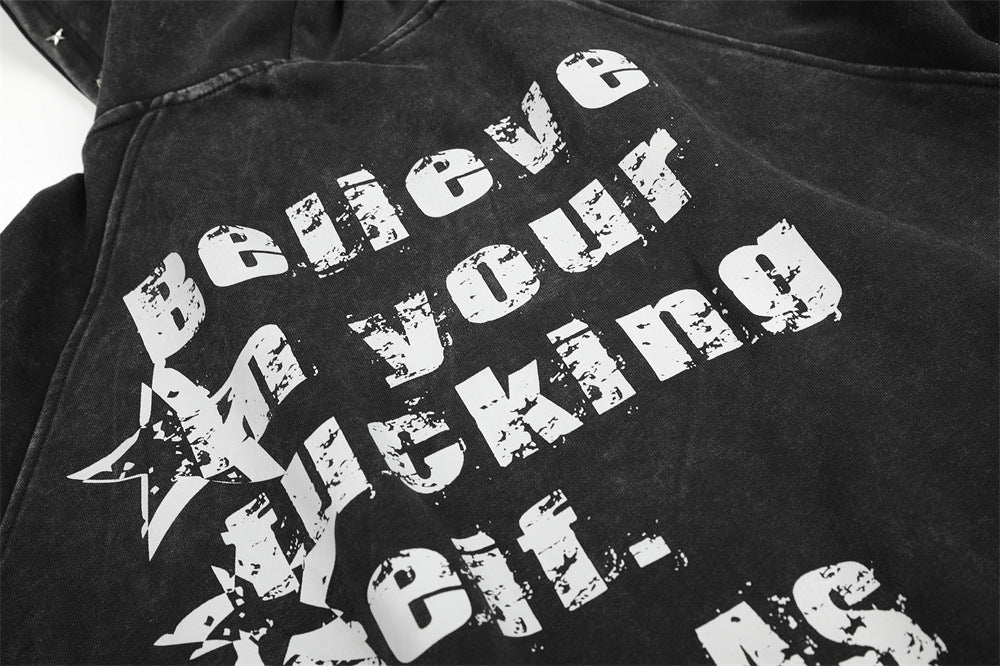 Distressed Black Hoodie with Star Graphics