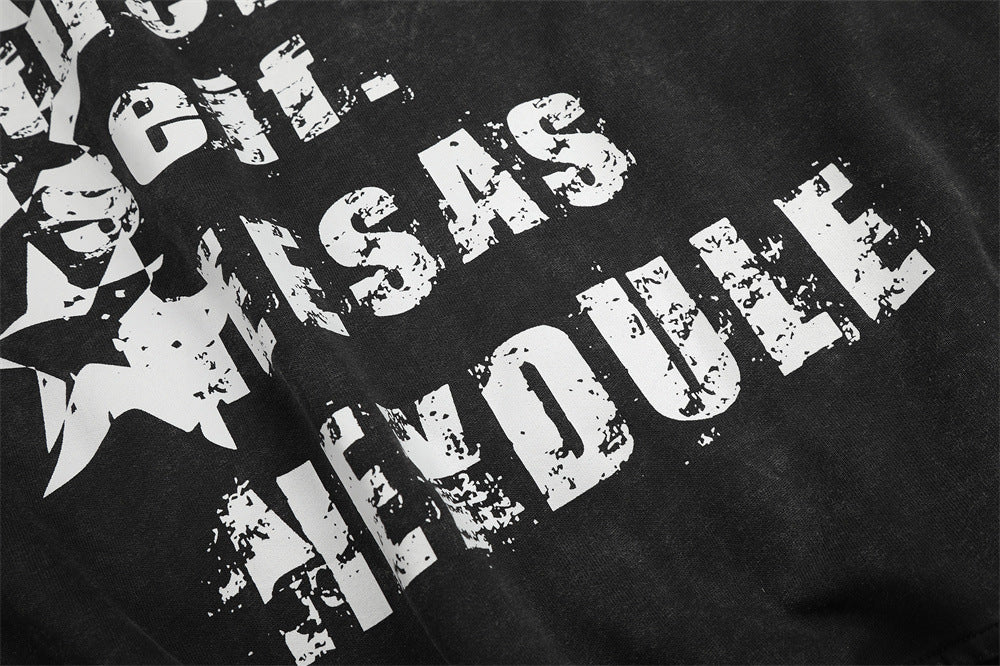 Distressed Black Hoodie with Star Graphics