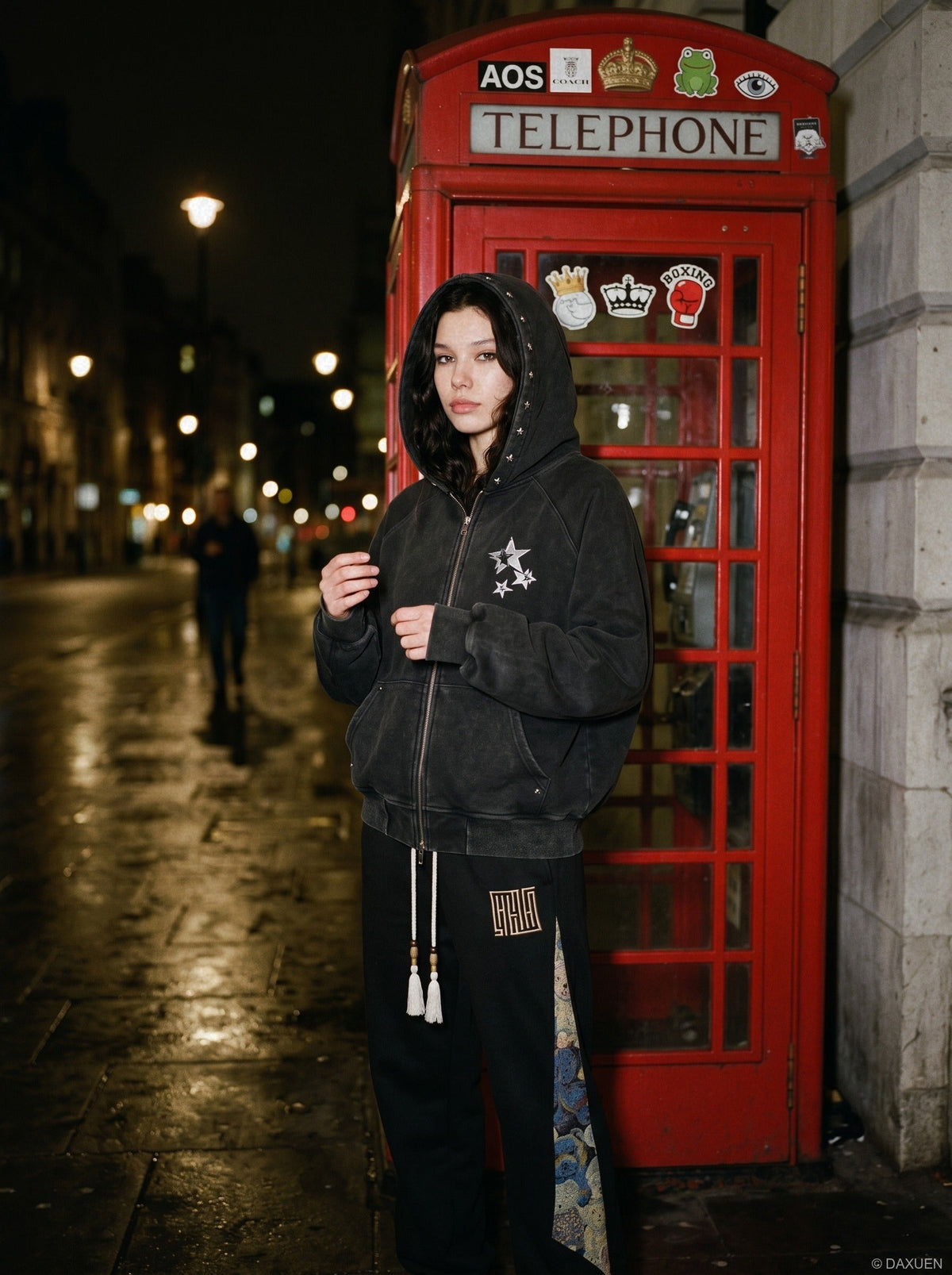 Distressed Black Hoodie with Star Graphics