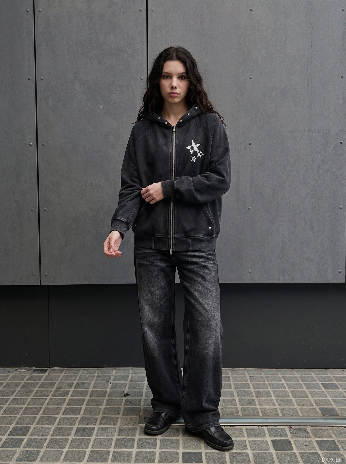 Distressed Black Hoodie with Star Graphics