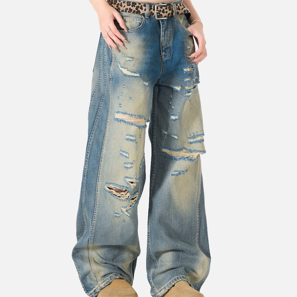 DAXUEN distressed blue wide-leg ripped jeans