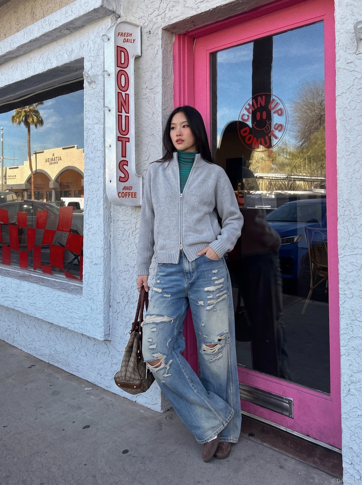 DAXUEN distressed blue wide-leg ripped jeans — model photo