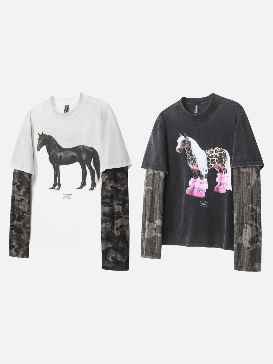 Distressed Camouflage Layered Long-Sleeve Tee