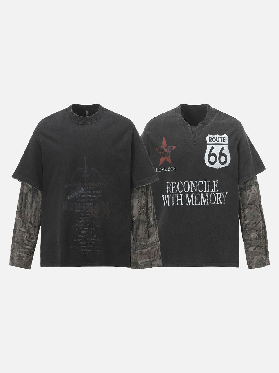 Distressed Camouflage Layered Long-Sleeve Tee