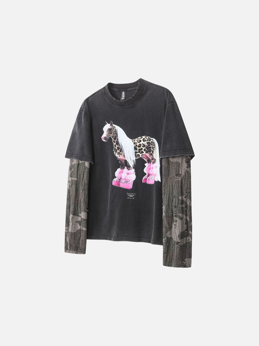 Distressed Camouflage Layered Long-Sleeve Tee