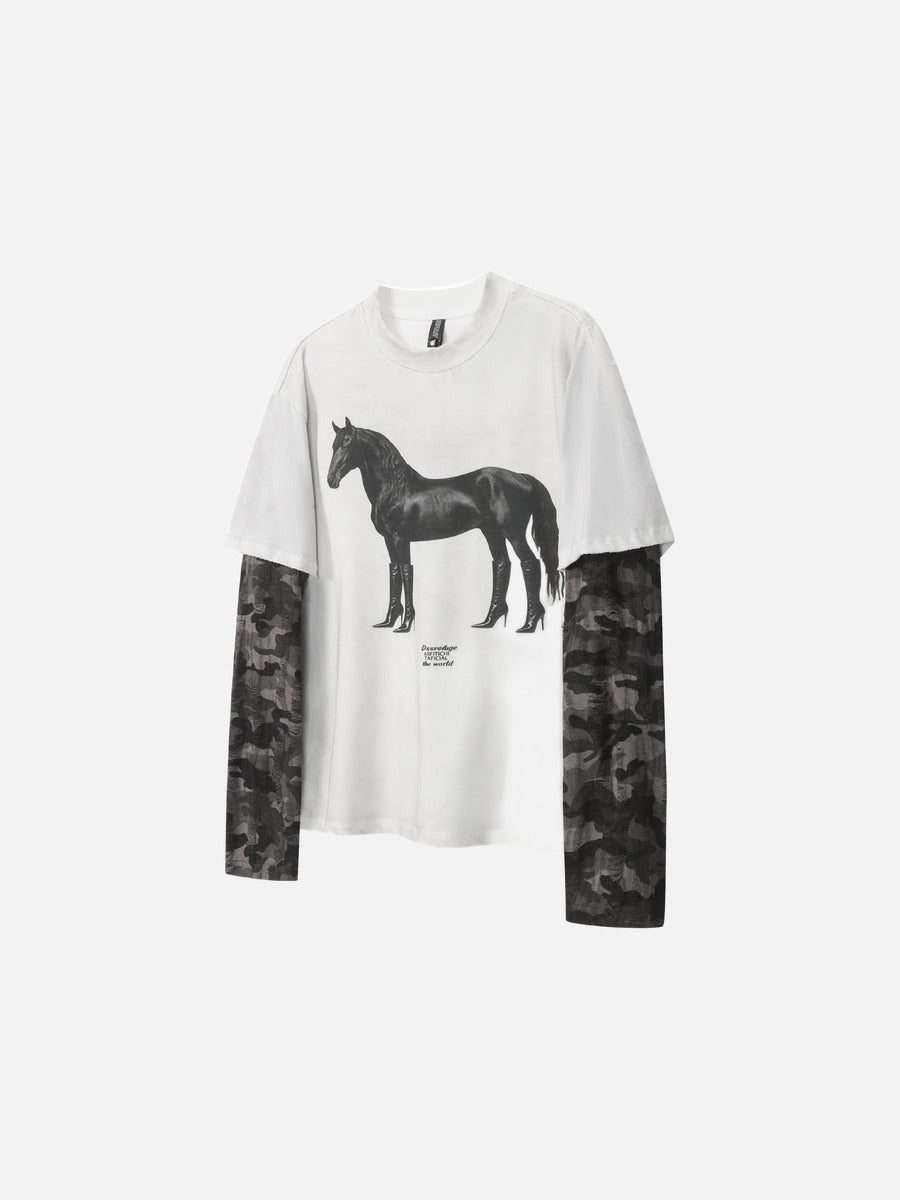 Distressed Camouflage Layered Long-Sleeve Tee