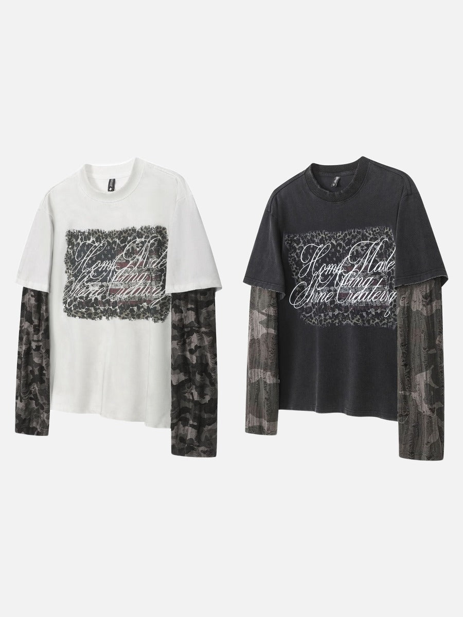 Distressed Camouflage Layered Long-Sleeve Tee