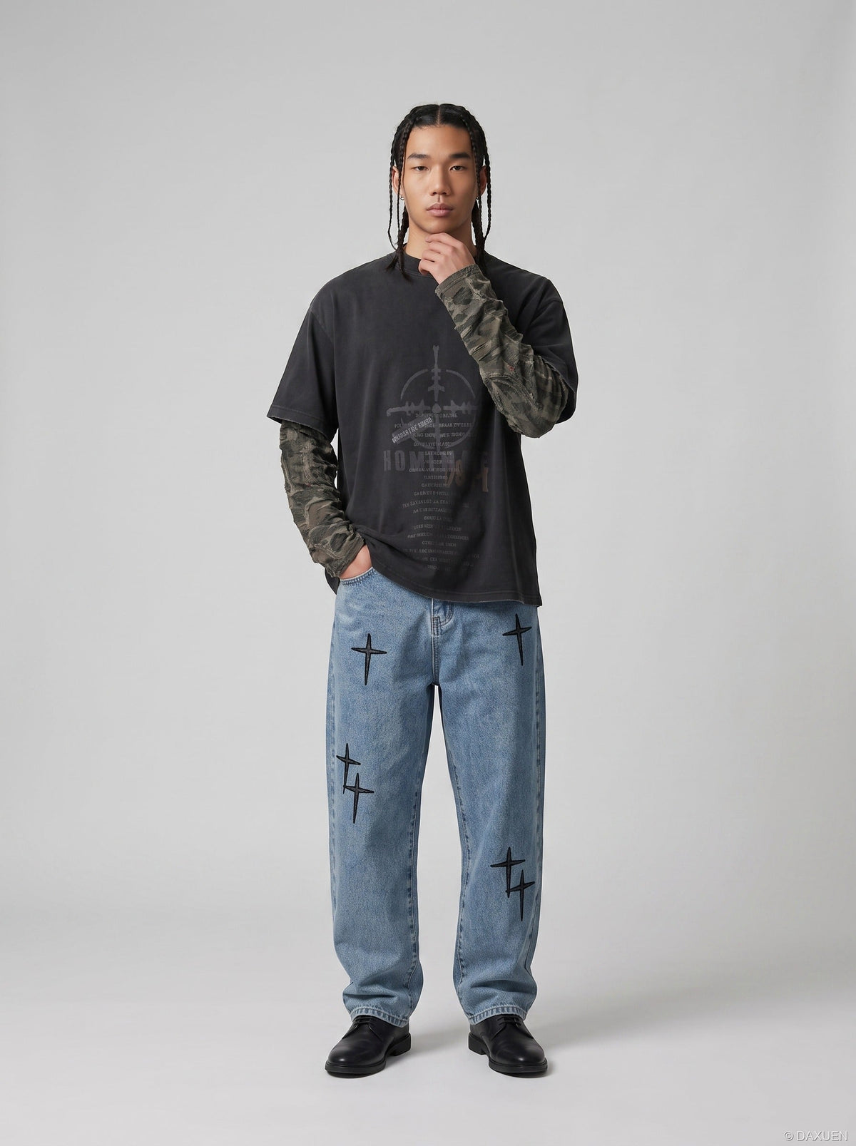 Distressed Camouflage Layered Long-Sleeve Tee