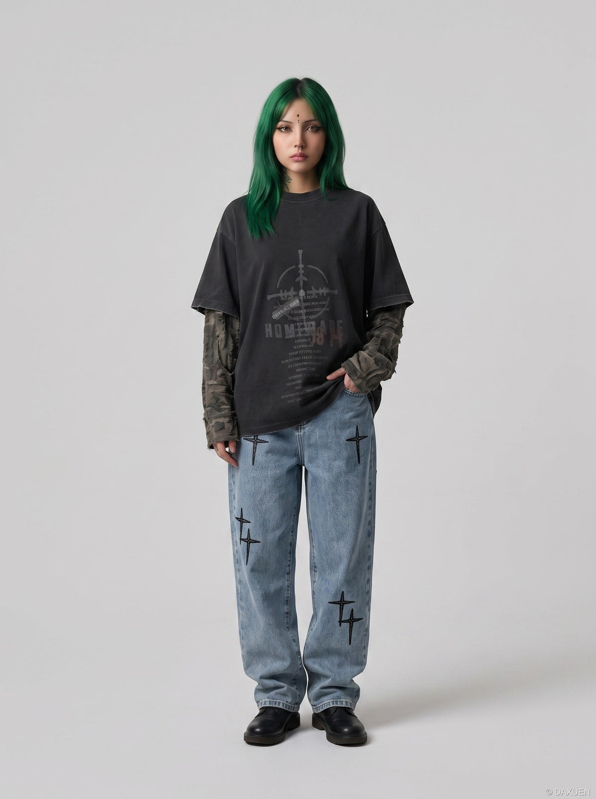 Distressed Camouflage Layered Long-Sleeve Tee