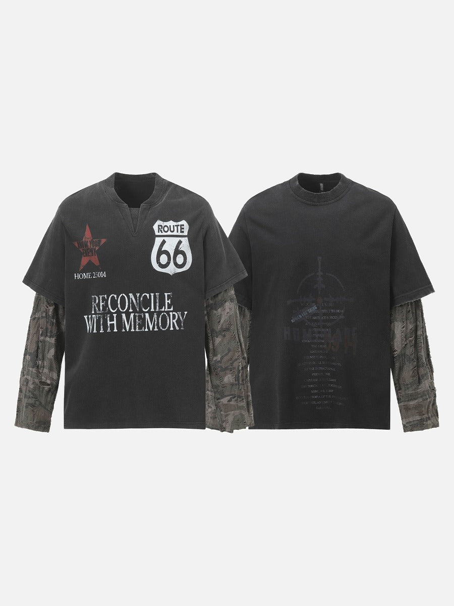 Distressed Camouflage Layered Long-Sleeve Tee