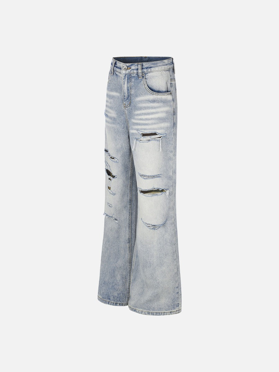 Distressed Camouflage Wide-Leg Jeans
