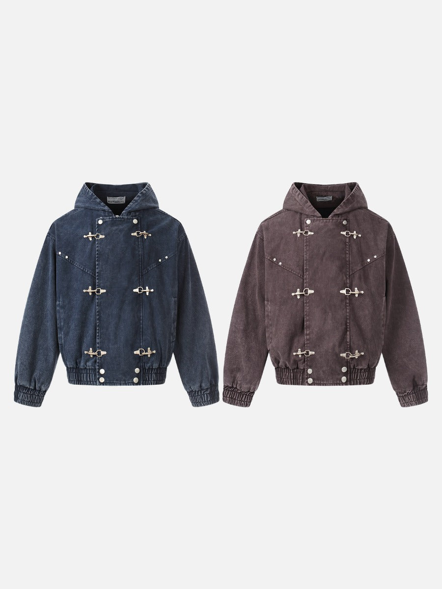DAXUEN dark purplish-brown distressed double-breasted denim jacket
