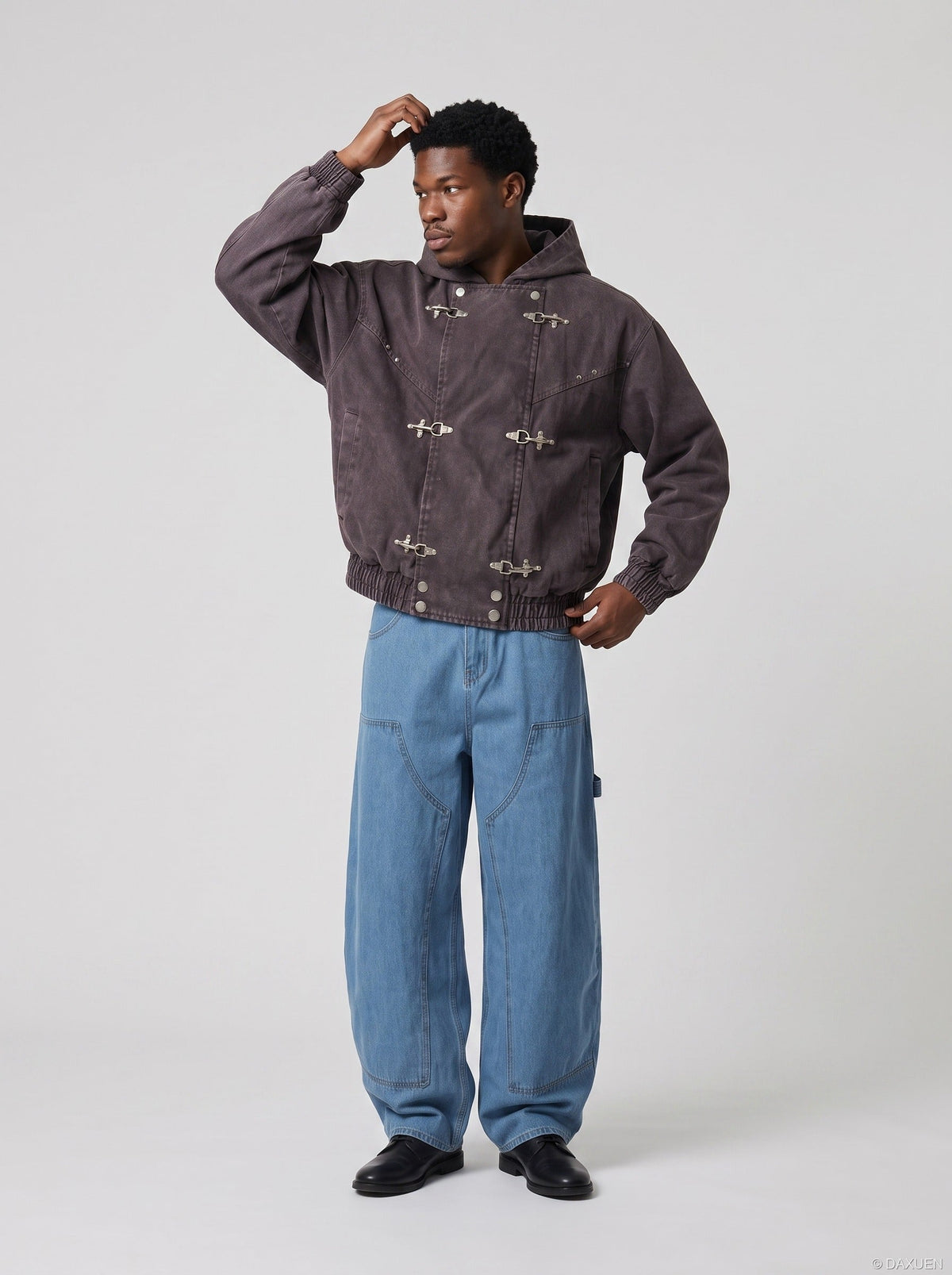 DAXUEN dark purplish-brown distressed double-breasted denim jacket — model photo