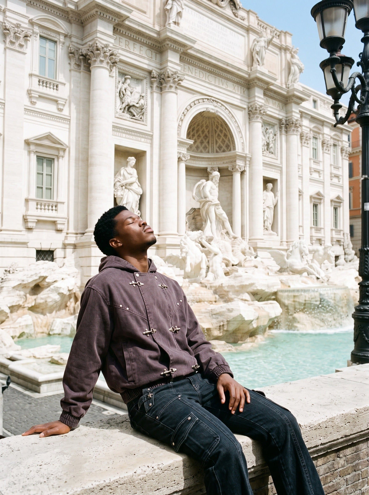 DAXUEN dark purplish-brown distressed double-breasted denim jacket — model photo