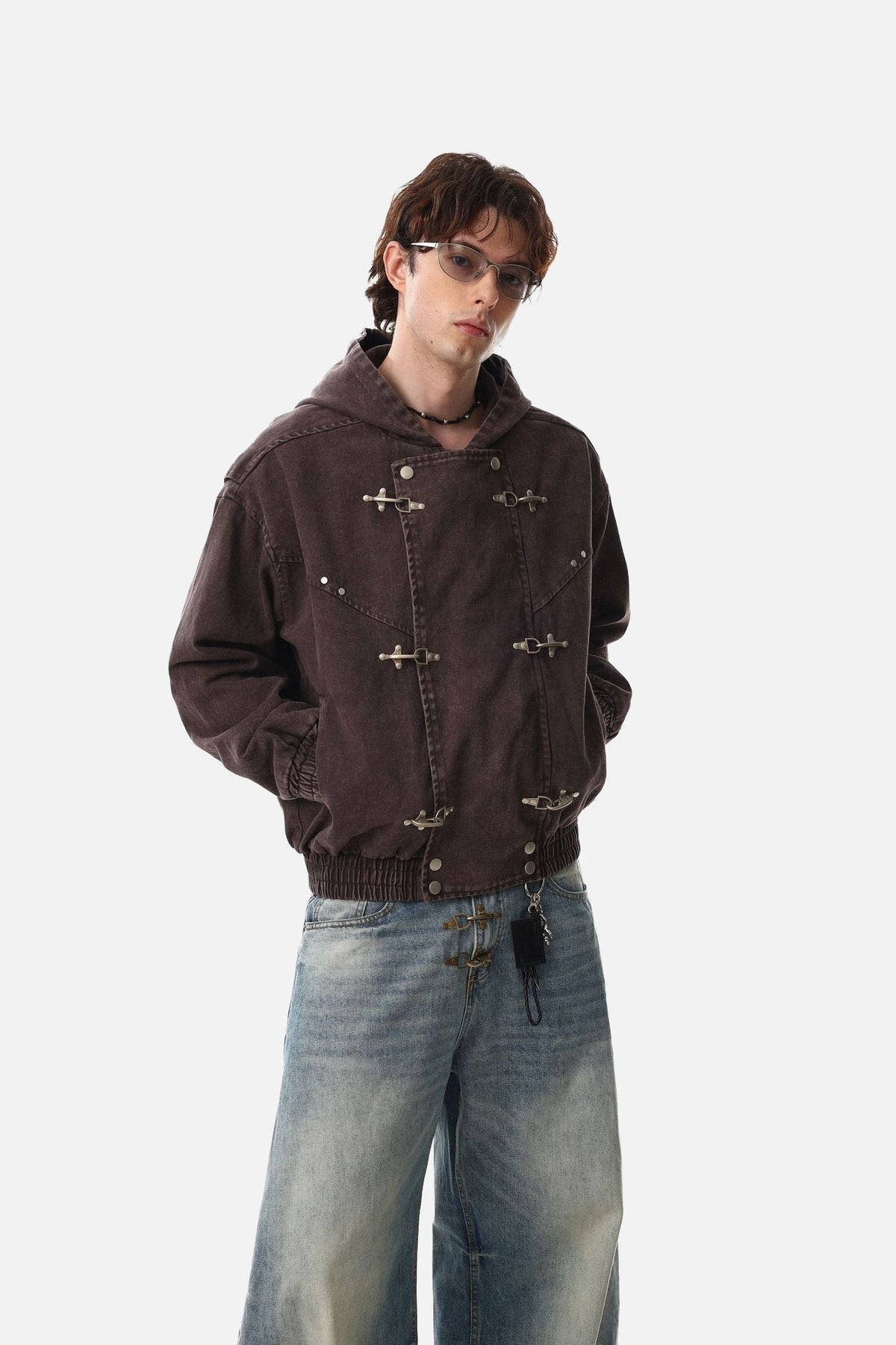 DAXUEN dark purplish-brown distressed double-breasted denim jacket