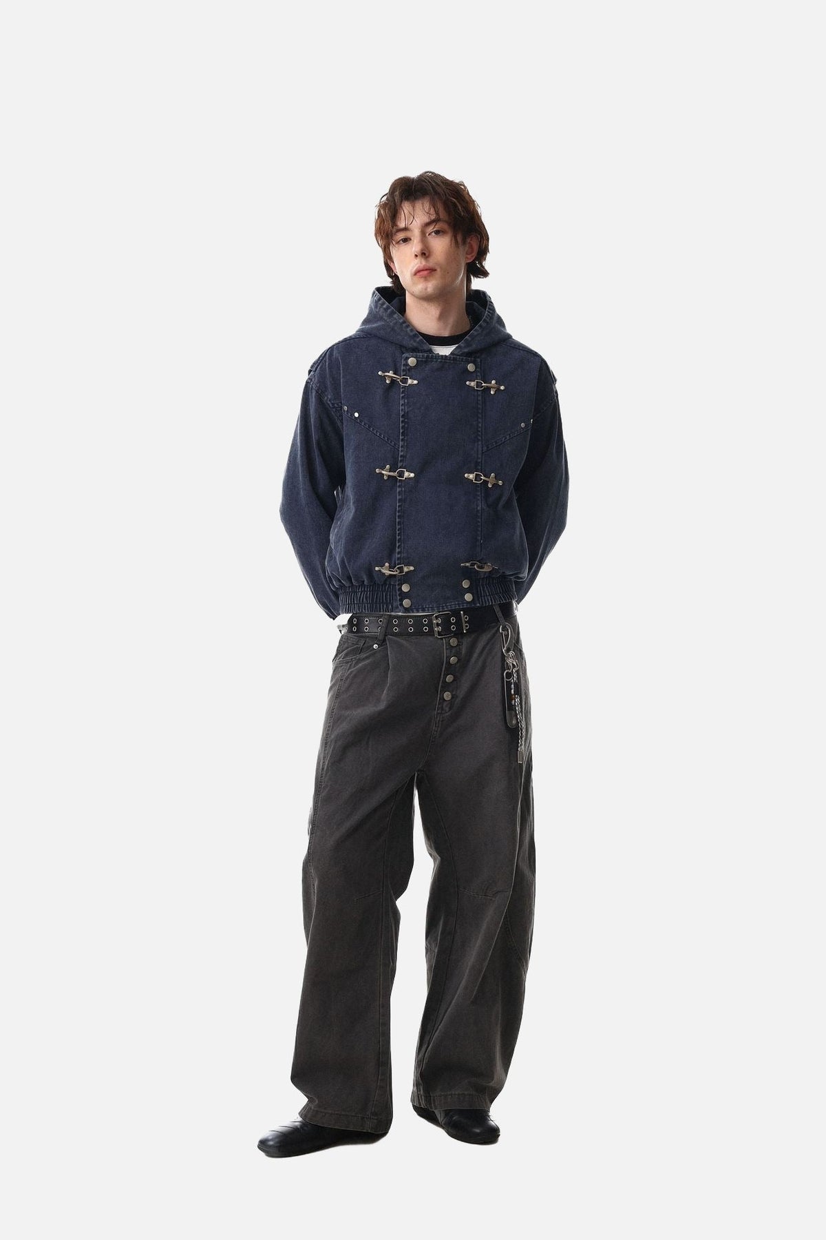 DAXUEN dark purplish-brown distressed double-breasted denim jacket