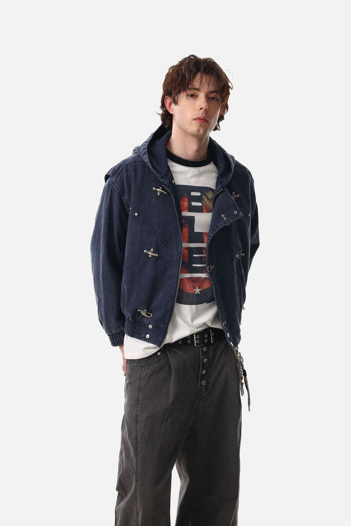 DAXUEN dark purplish-brown distressed double-breasted denim jacket