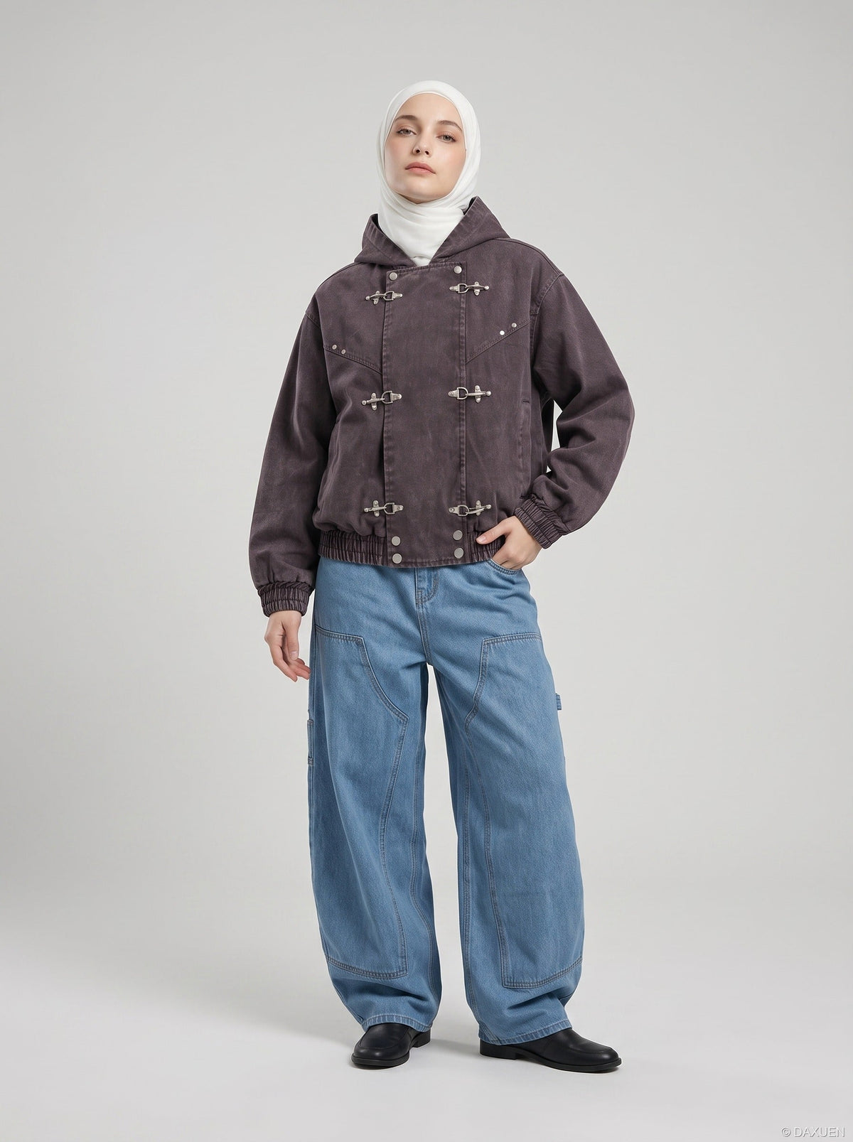 DAXUEN dark purplish-brown distressed double-breasted denim jacket — model photo
