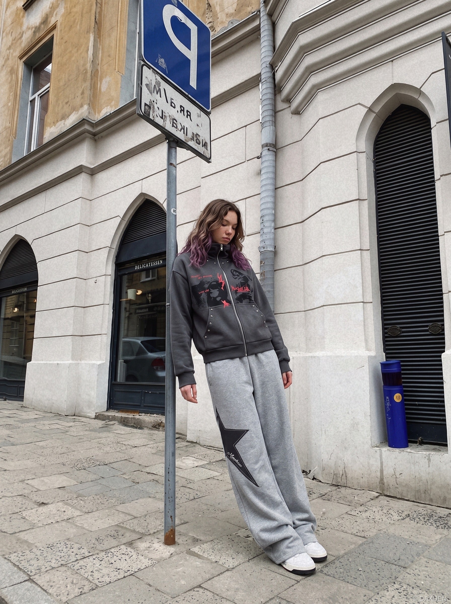 Distressed Dual-Figure Zip Hoodie