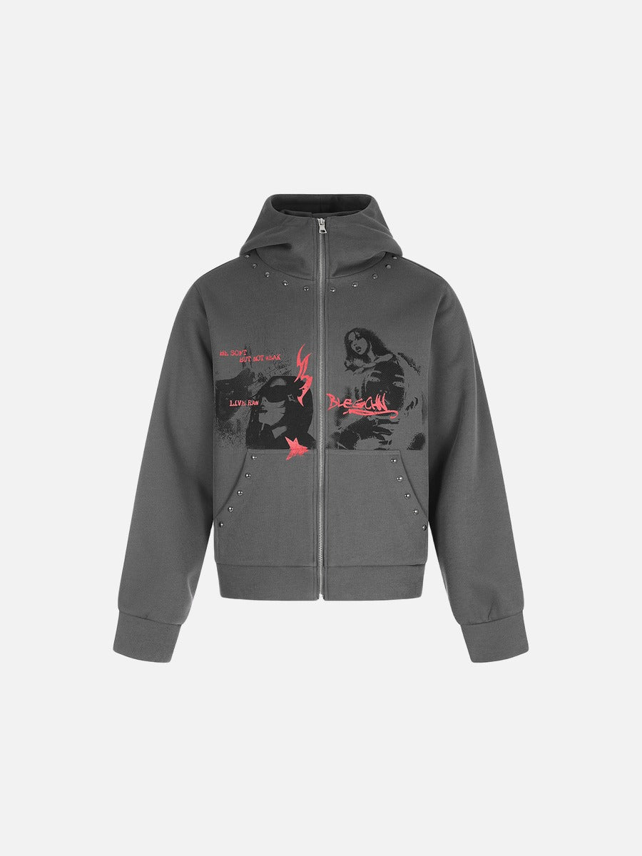 Distressed Dual-Figure Zip Hoodie