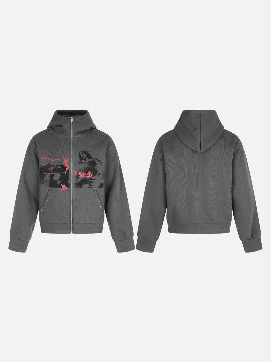 Distressed Dual-Figure Zip Hoodie