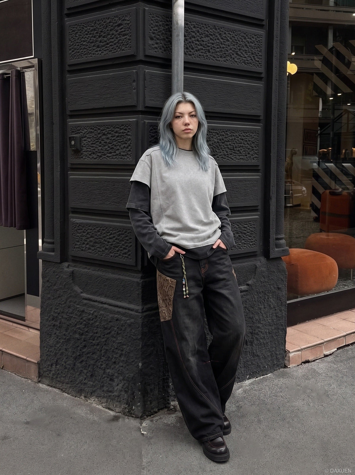 DAXUEN grey oversized faux-layered mock neck top — model photo