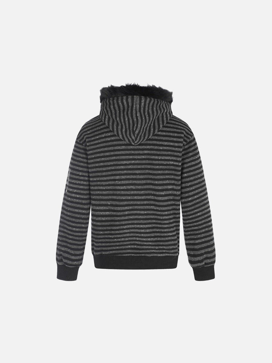 Distressed Graphic Black and Grey Striped Hoodie