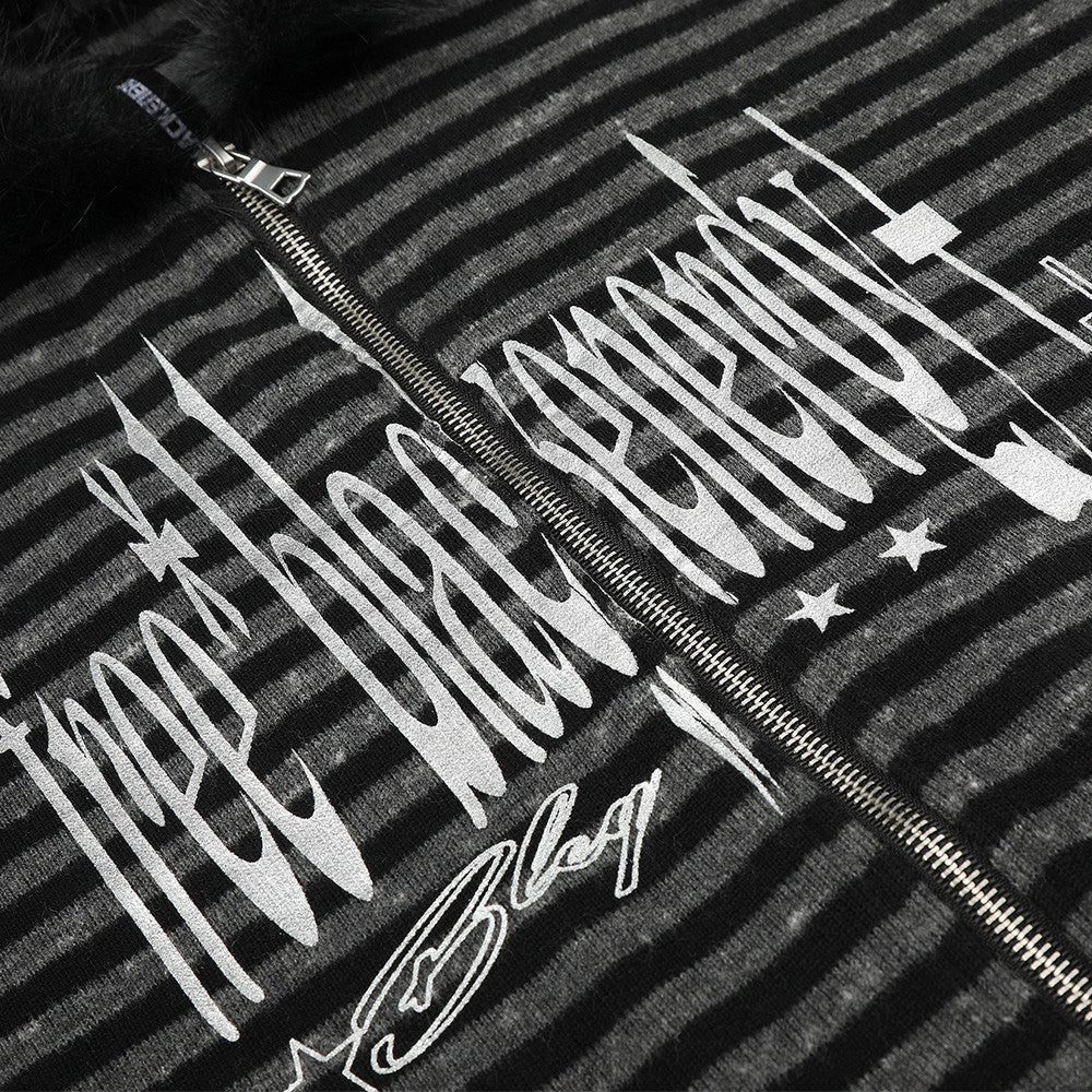 Distressed Graphic Black and Grey Striped Hoodie