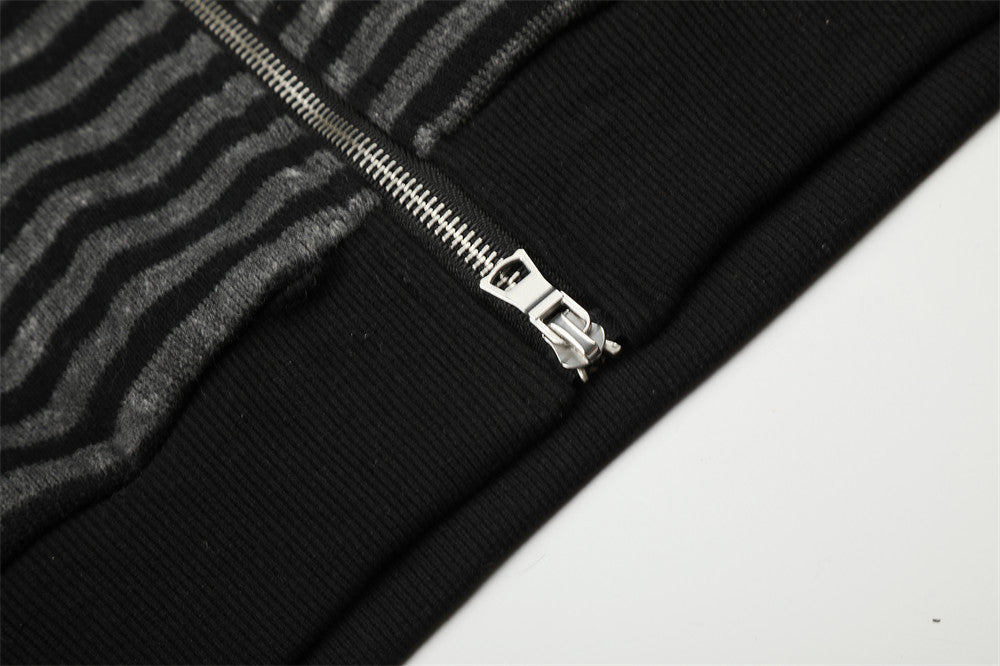 Distressed Graphic Black and Grey Striped Hoodie