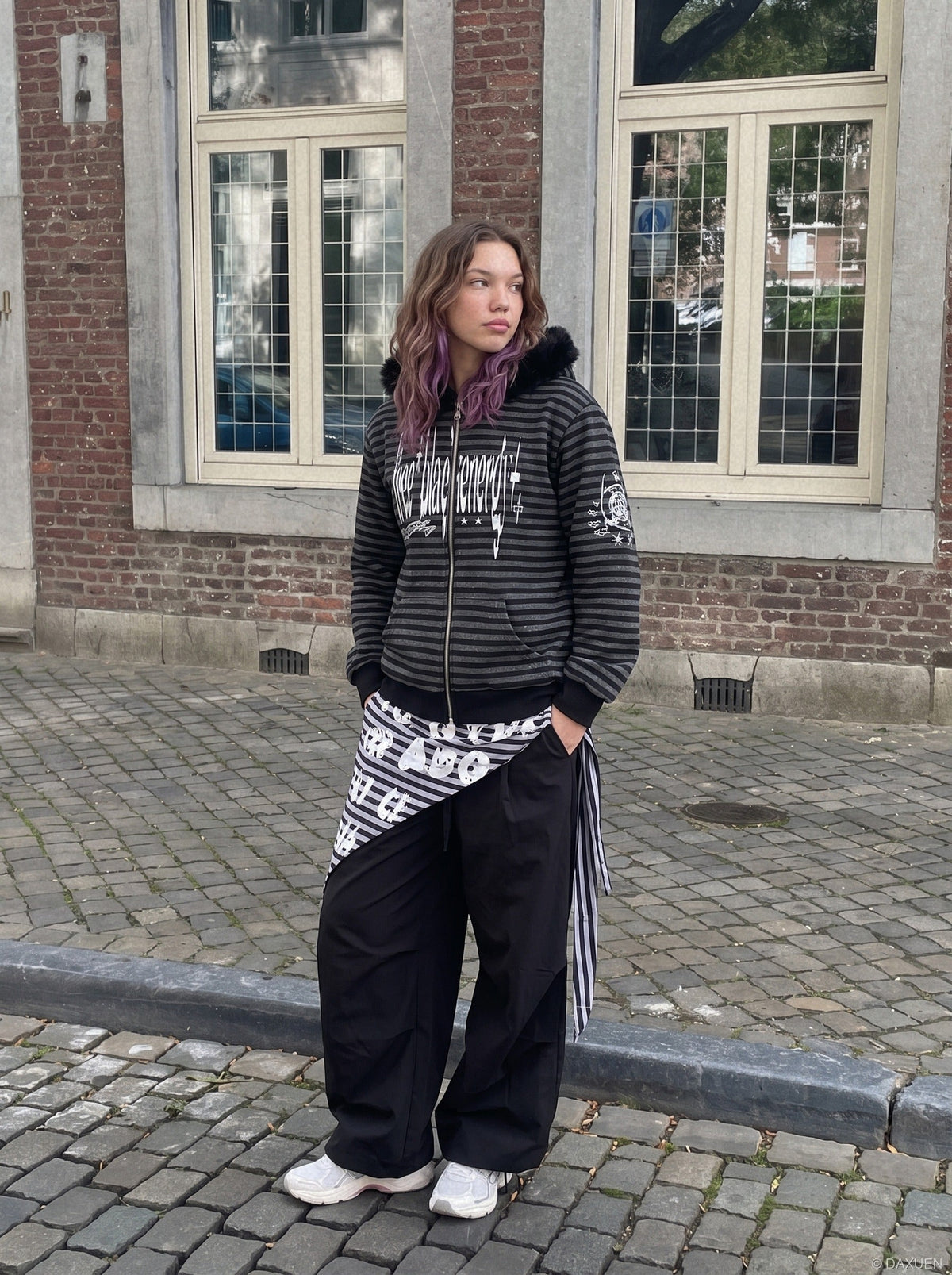 Distressed Graphic Black and Grey Striped Hoodie