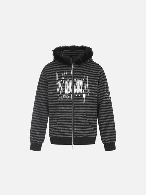 Distressed Graphic Black and Grey Striped Hoodie - Black Gray Stripes / S