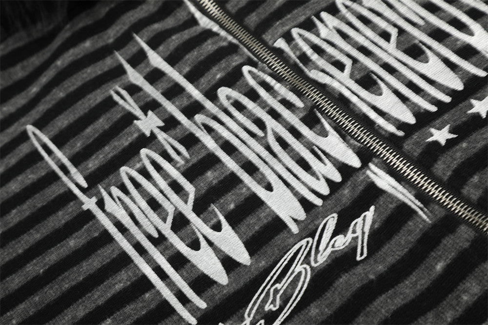 Distressed Graphic Black and Grey Striped Hoodie