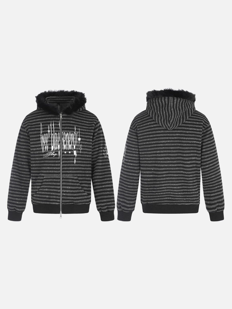 Distressed Graphic Black and Grey Striped Hoodie