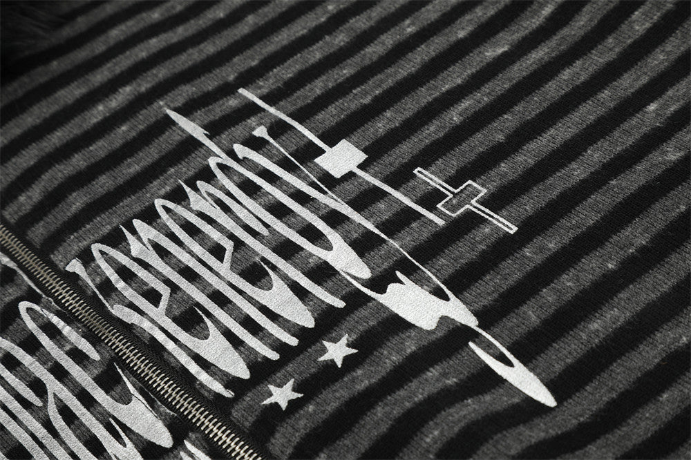 Distressed Graphic Black and Grey Striped Hoodie