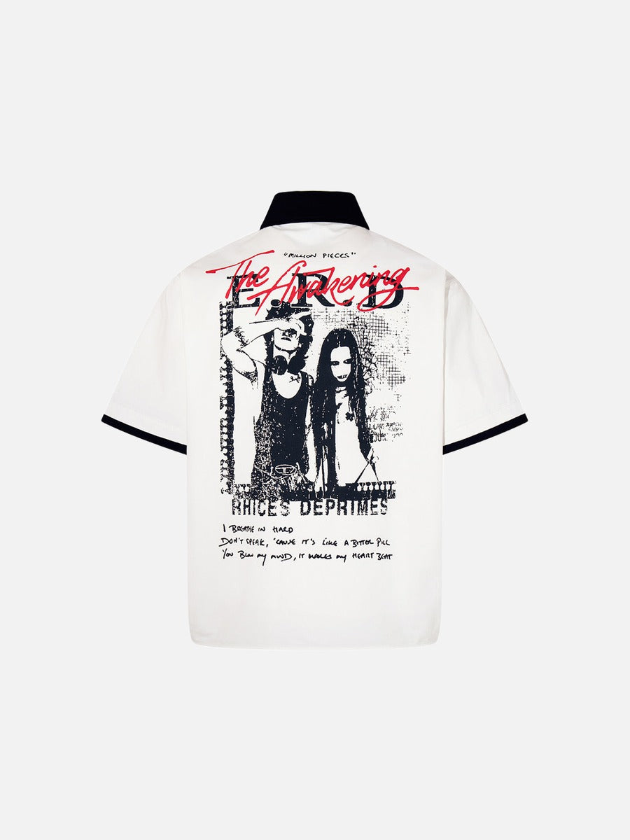 Distressed Graphic Filmstrip Button-Up Shirt