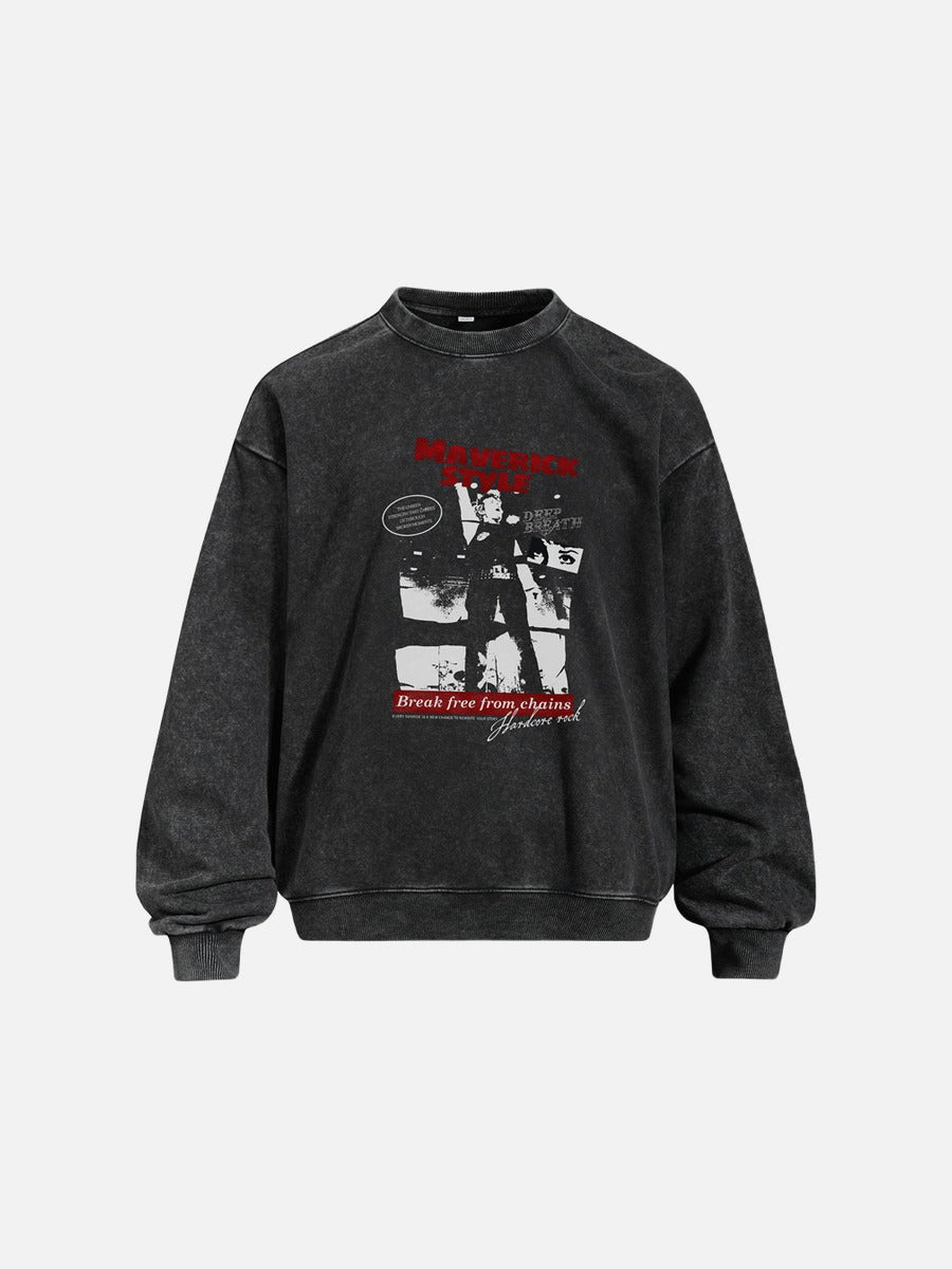 DAXUEN washed charcoal oversized distressed-graphic crewneck sweatshirt