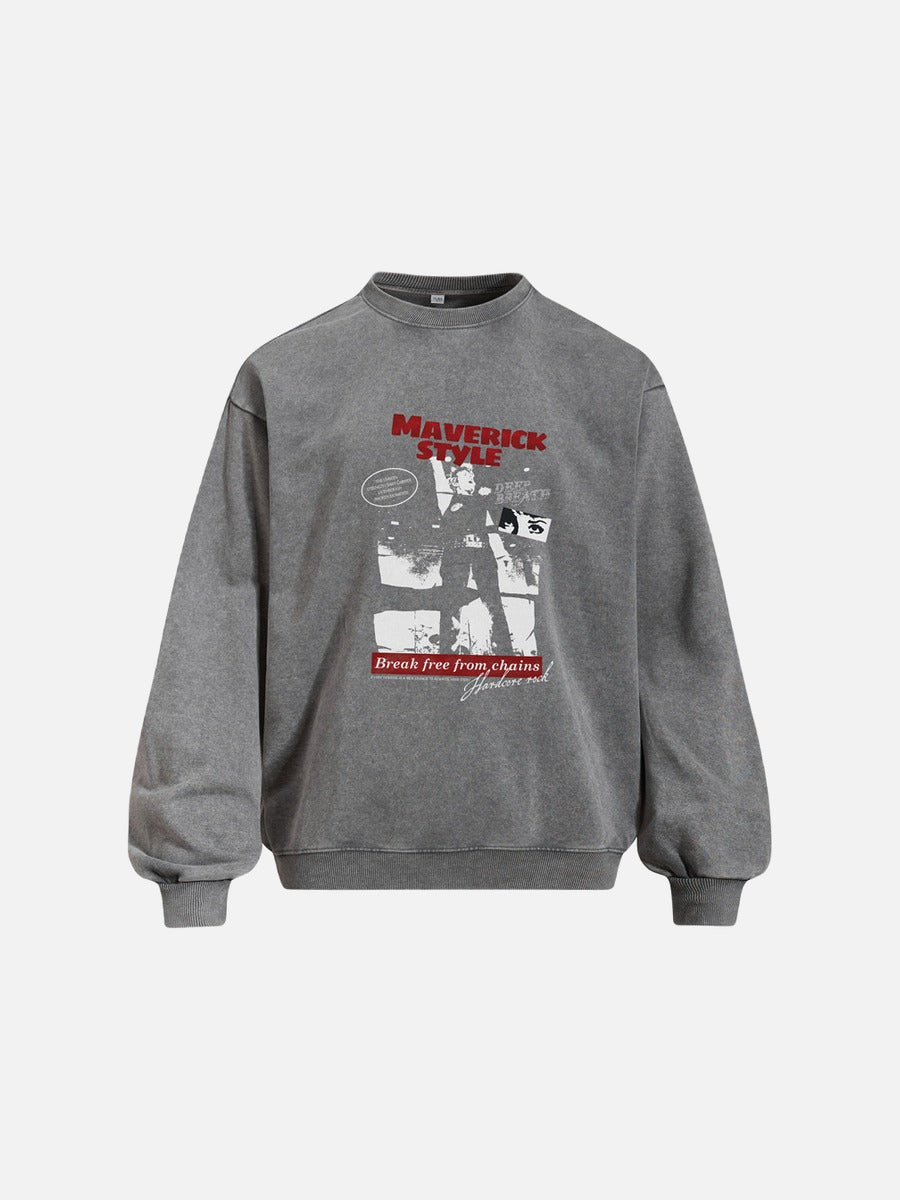 DAXUEN washed charcoal oversized distressed-graphic crewneck sweatshirt