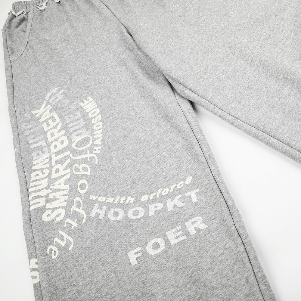 Distressed Grey Wide-Leg Graphic Sweatpants